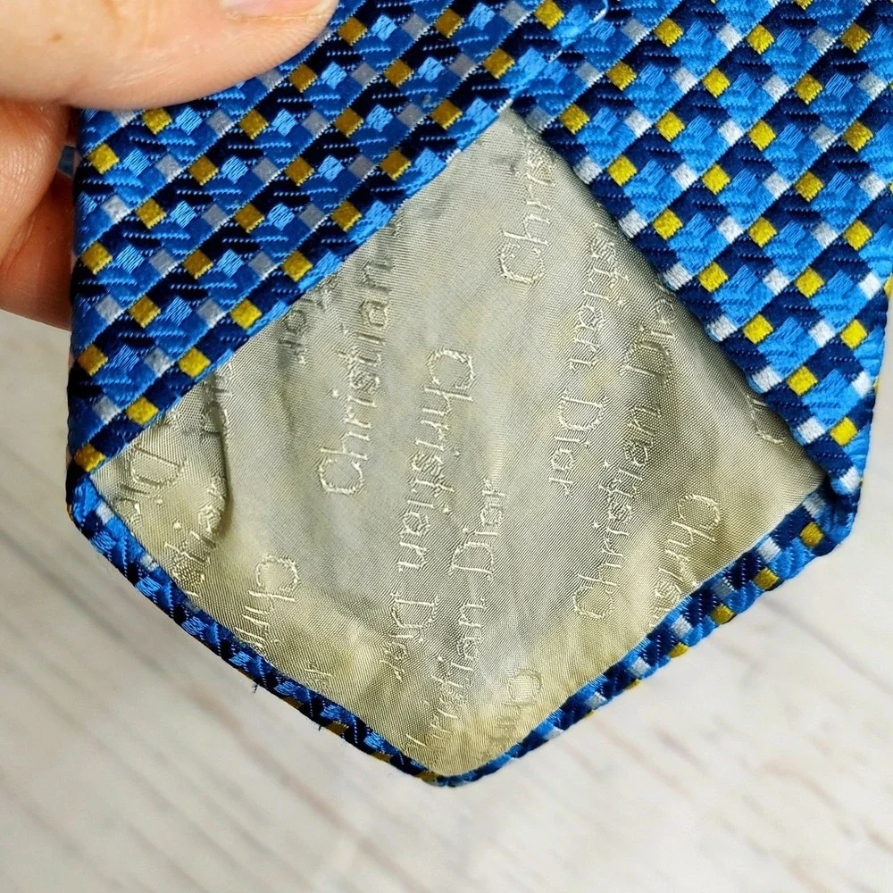 Christian Dior Mens Tie Vintage‎ Geometric Pattern Necktie Blue Yellow